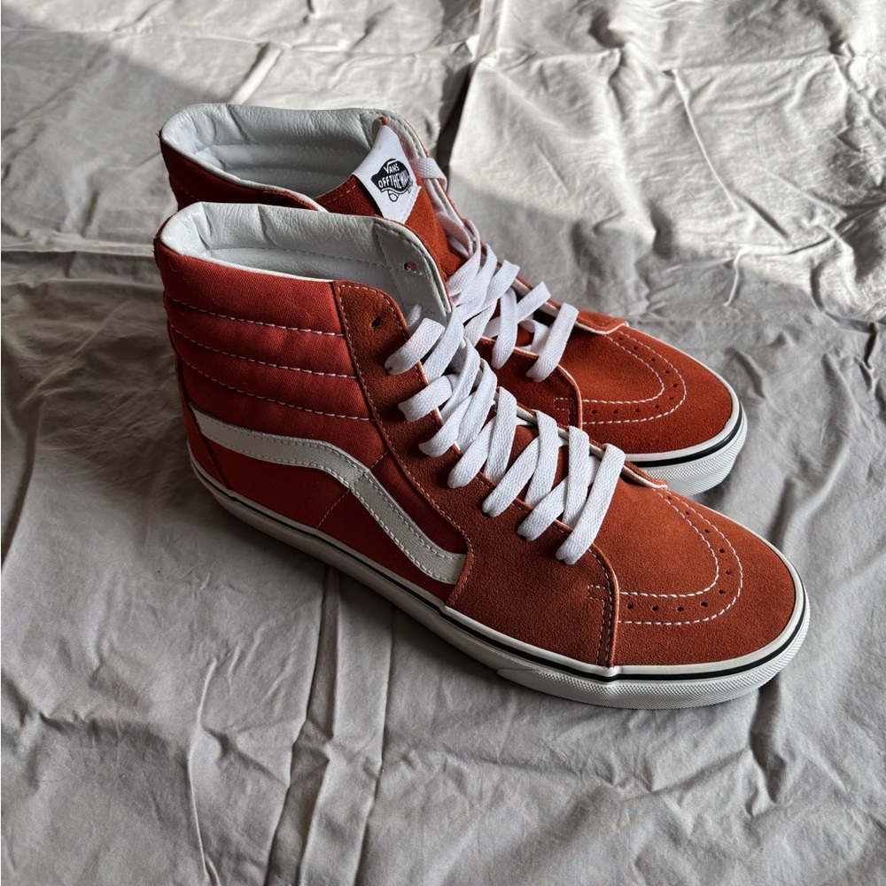 Vans Unisex High-Top Sneakers - Brick Red and White